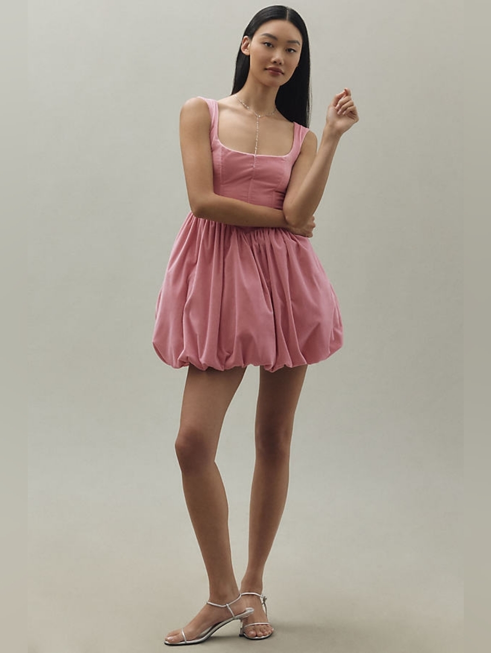 BHLDN Ariana Velvet Square-neck Fit & Flare Bubble Mini Dress In Pink